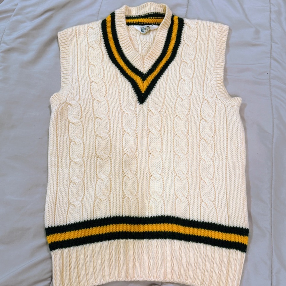 Vintage Chunky Cable Knit Vest | 100% Wool | Cream Green & Gold | Men’s M